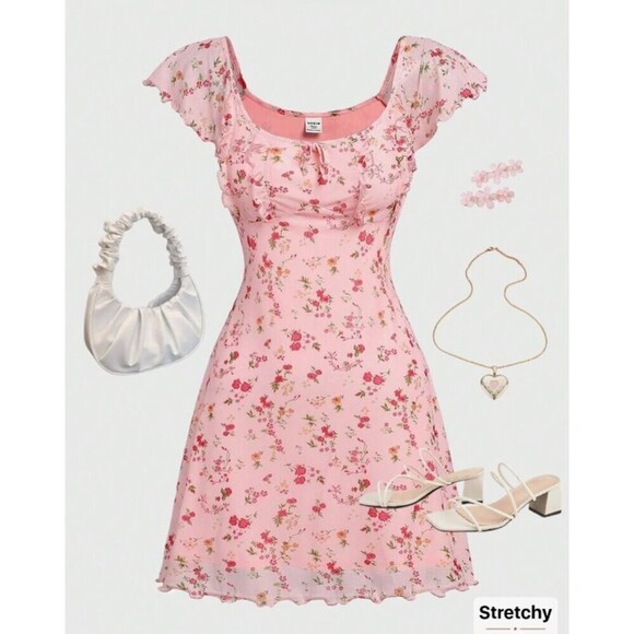 Shein Y2K 90's Babydoll Pink Floral Mini Dress Small (4) Stretchy - Picture 4 of 10